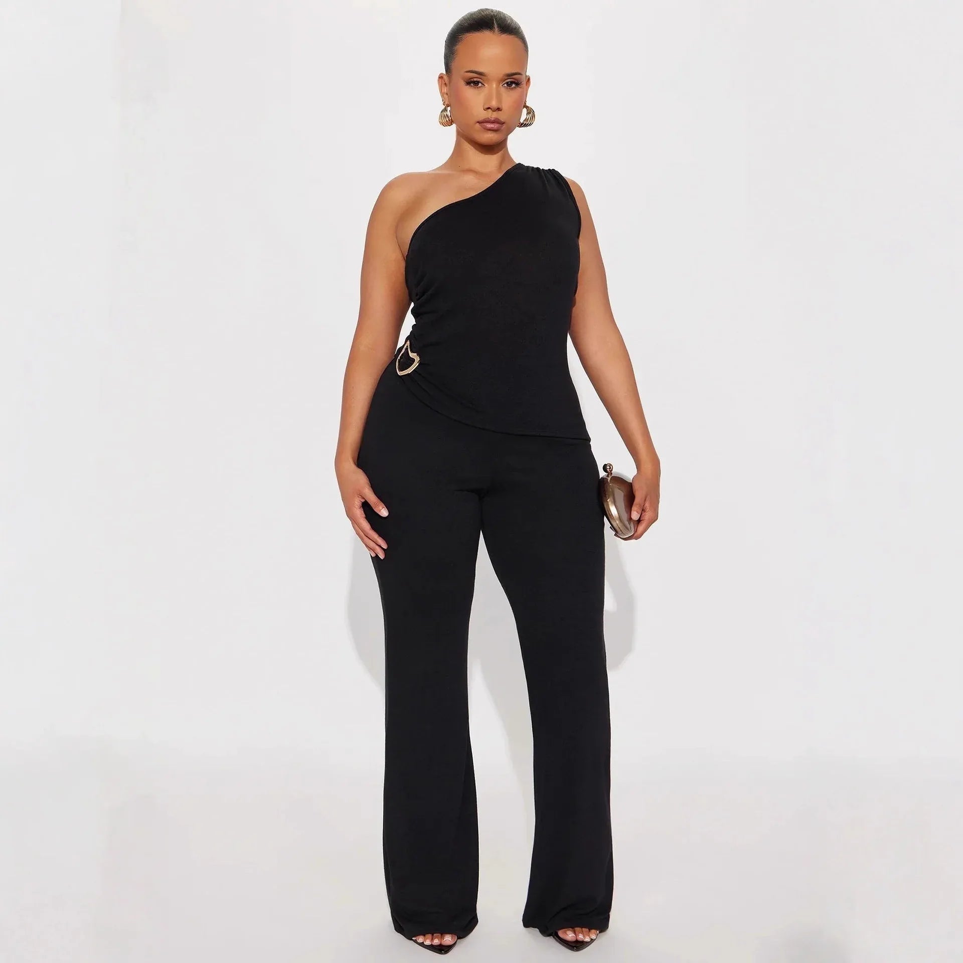 Fashionable Solid-Color Slim-Fit Asymmetrical-Neck Tops And Pants Set That Flatters Your Figure - Gizmo Galaxy