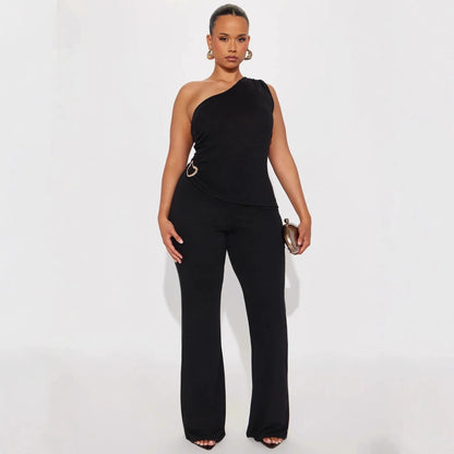 Fashionable Solid-Color Slim-Fit Asymmetrical-Neck Tops And Pants Set That Flatters Your Figure - Gizmo Galaxy