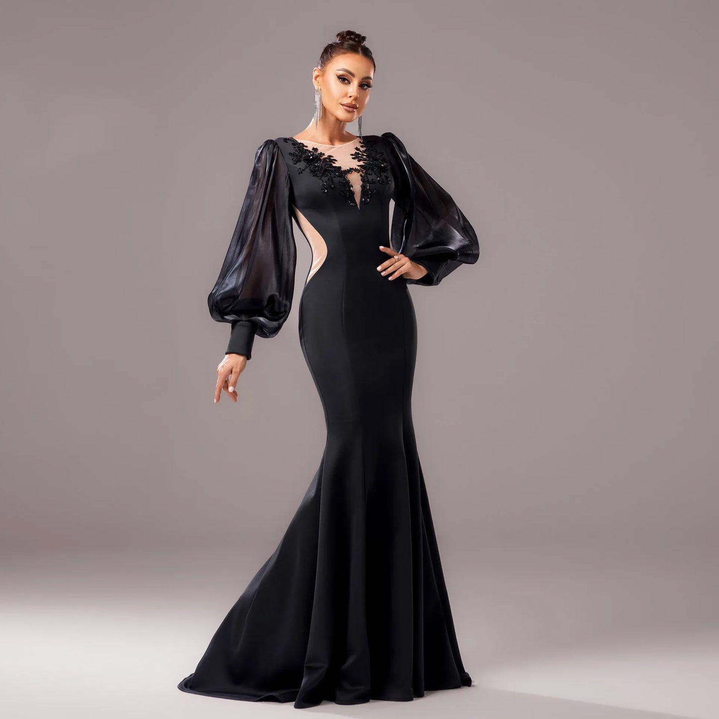 Long Sleeve Round Neck Banquet Applique Sheath Fishtail Dress - Gizmo Galaxy