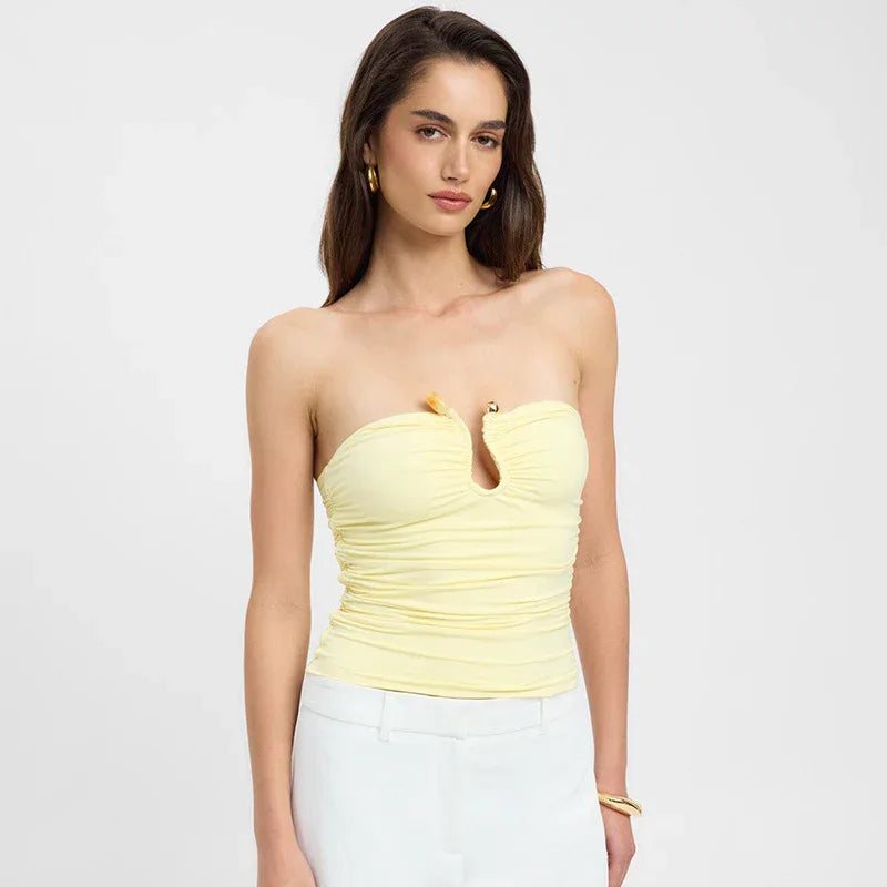 Solid Color Chest-wrapped Backless Pleated Agate T-shirt - Gizmo Galaxy