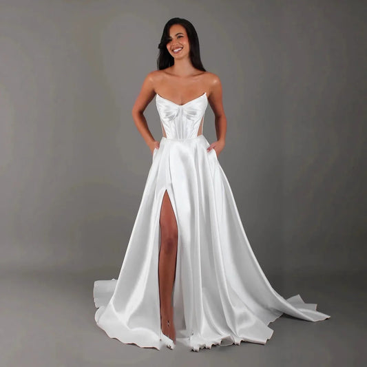White Satin Slit Pocket Bandage Wedding Dress - Gizmo Galaxy
