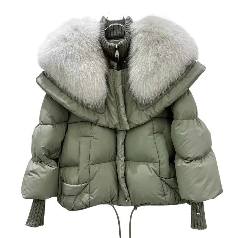 High-end Fox Fur Collar White Duck Down Short Down Jacket Female Light Luxury Loose And Warm Puffer Jacket Coat - Gizmo Galaxy
