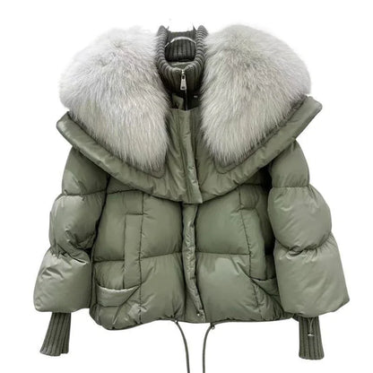 High-end Fox Fur Collar White Duck Down Short Down Jacket Female Light Luxury Loose And Warm Puffer Jacket Coat - Gizmo Galaxy