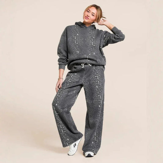 Fashionable Casual Hooded Sweatshirt And Wide Leg Pants Leopard Print Set - Gizmo Galaxy