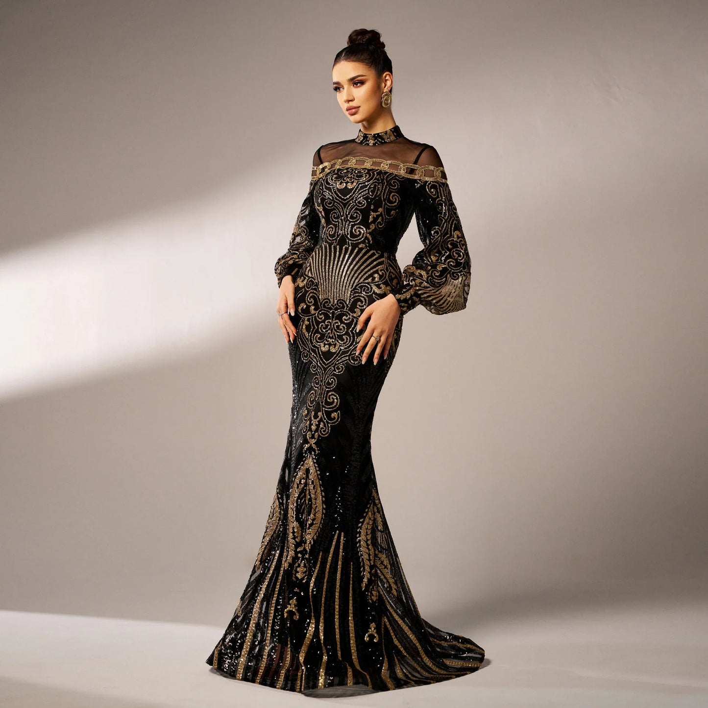 Long Sleeve Round Neck Sequins Mesh Fishtail Evening Dress - Gizmo Galaxy