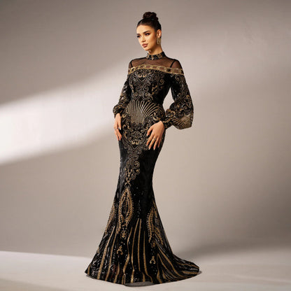 Long Sleeve Round Neck Sequins Mesh Fishtail Evening Dress - Gizmo Galaxy