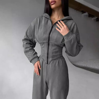 Women's Solid-Colored Hooded Sweater And Pants Set - Gizmo Galaxy