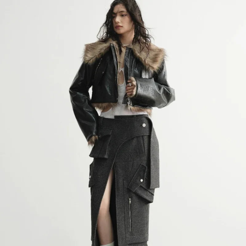 Wild Loose Feeling Fur Reverse Leather Jacket Short Coat - Gizmo Galaxy