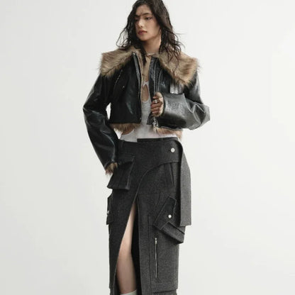 Wild Loose Feeling Fur Reverse Leather Jacket Short Coat - Gizmo Galaxy