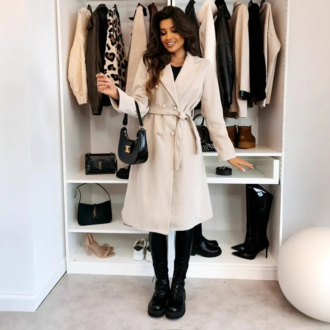 Fashion Solid Color Double-breasted Lace-up Woolen Coat - Gizmo Galaxy