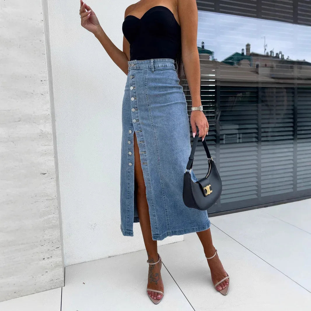 Women's Solid Color Button Irregular Slit Denim Skirt - Gizmo Galaxy