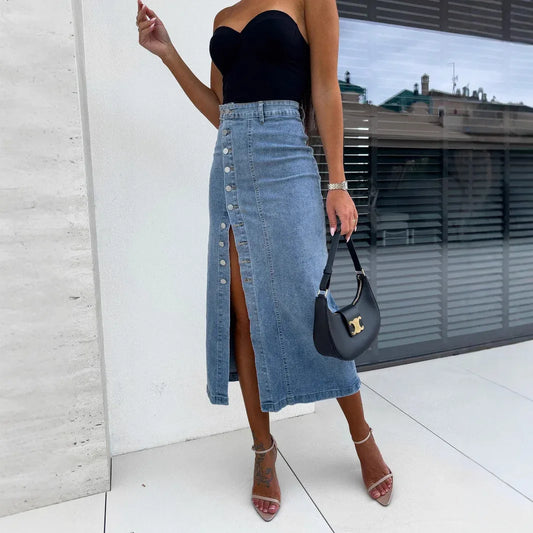 Women's Solid Color Button Irregular Slit Denim Skirt - Gizmo Galaxy