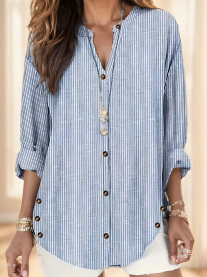 Women's Vertical Striped Notched Collar Shirt,Long Sleeve Tops - Gizmo Galaxy