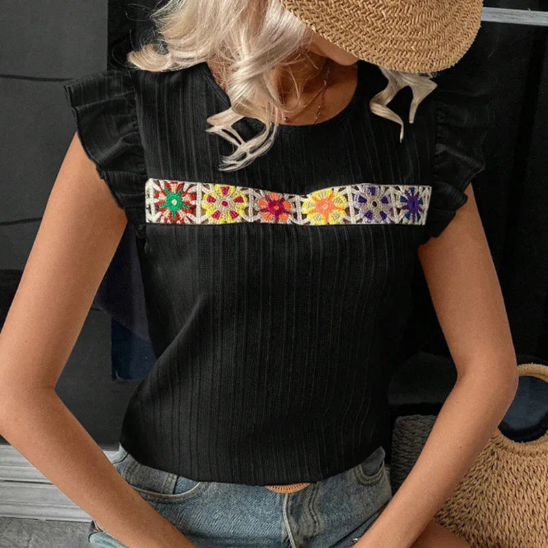 Women's Ruffle Short Sleeve Summer Tops Cute Crew Neck Floral Crochet Blouses Shirts - Gizmo Galaxy