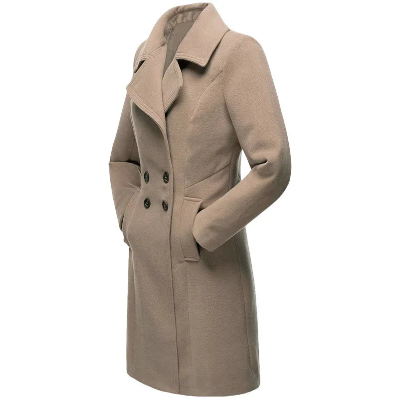 Long Woolen Women's Coat Indoor And Outdoor Casual Jacket Double Breasted - Gizmo Galaxy