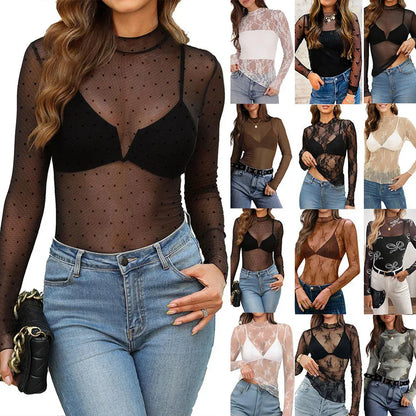 Women's Semi High Neck Sheer Long Sleeve TShirt Sexy Y2K Mesh Top - Gizmo Galaxy