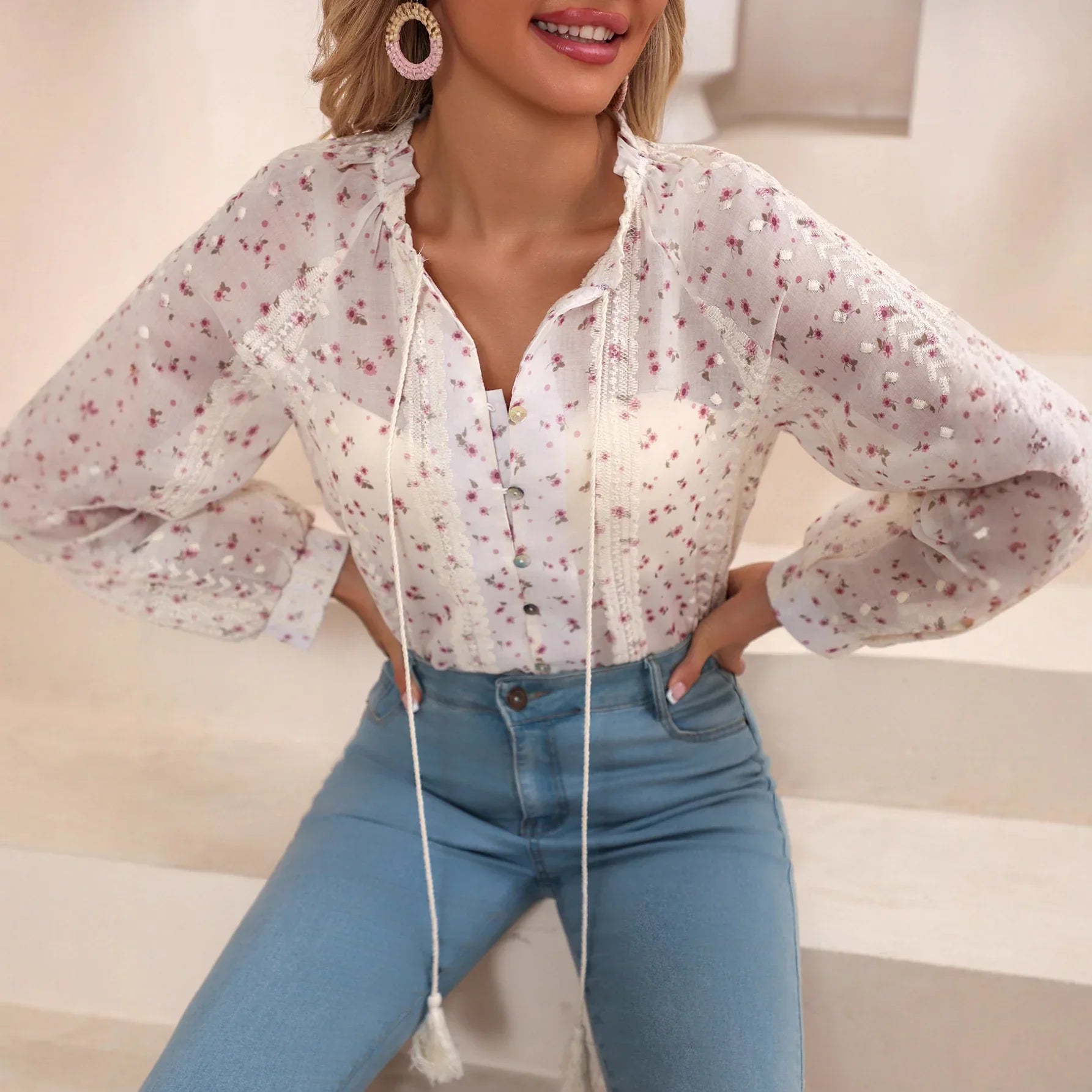 Womens Casual V-Neck Embroidered Shirt With Drawstring Trim - Gizmo Galaxy