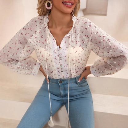 Womens Casual V-Neck Embroidered Shirt With Drawstring Trim - Gizmo Galaxy