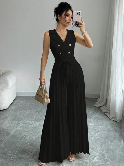 Suit Collar Bow Tie Belted Waist Pleated Jumpsuit - Gizmo Galaxy