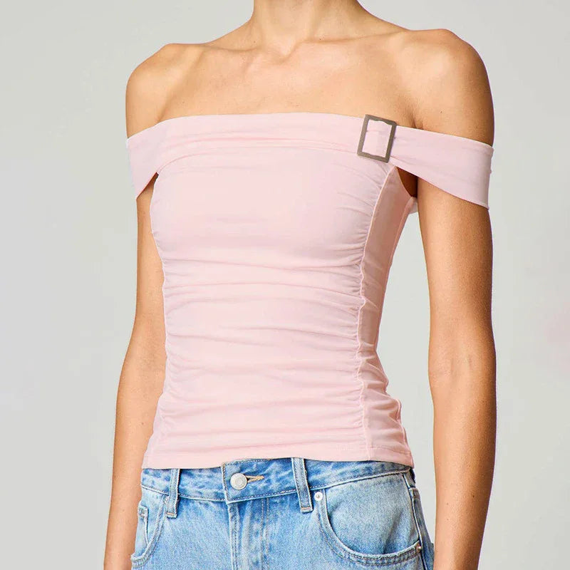 Solid Color Off-neck Pleated Slim Vest T-shirt - Gizmo Galaxy