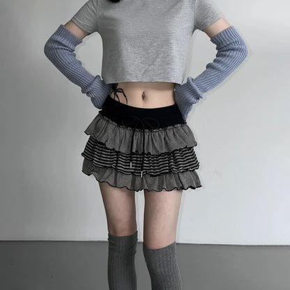 Contrast-color Striped Figure-flattering Layered Ruffle Cake Skirt - Gizmo Galaxy