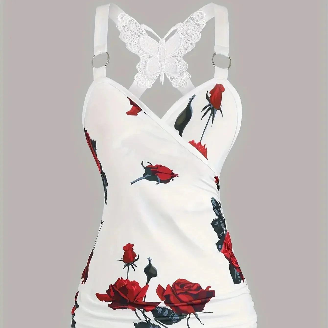 Spring And Summer New Women's Rose Print Pleated Suspender Cross Tank Top - Gizmo Galaxy