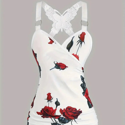 Spring And Summer New Women's Rose Print Pleated Suspender Cross Tank Top - Gizmo Galaxy