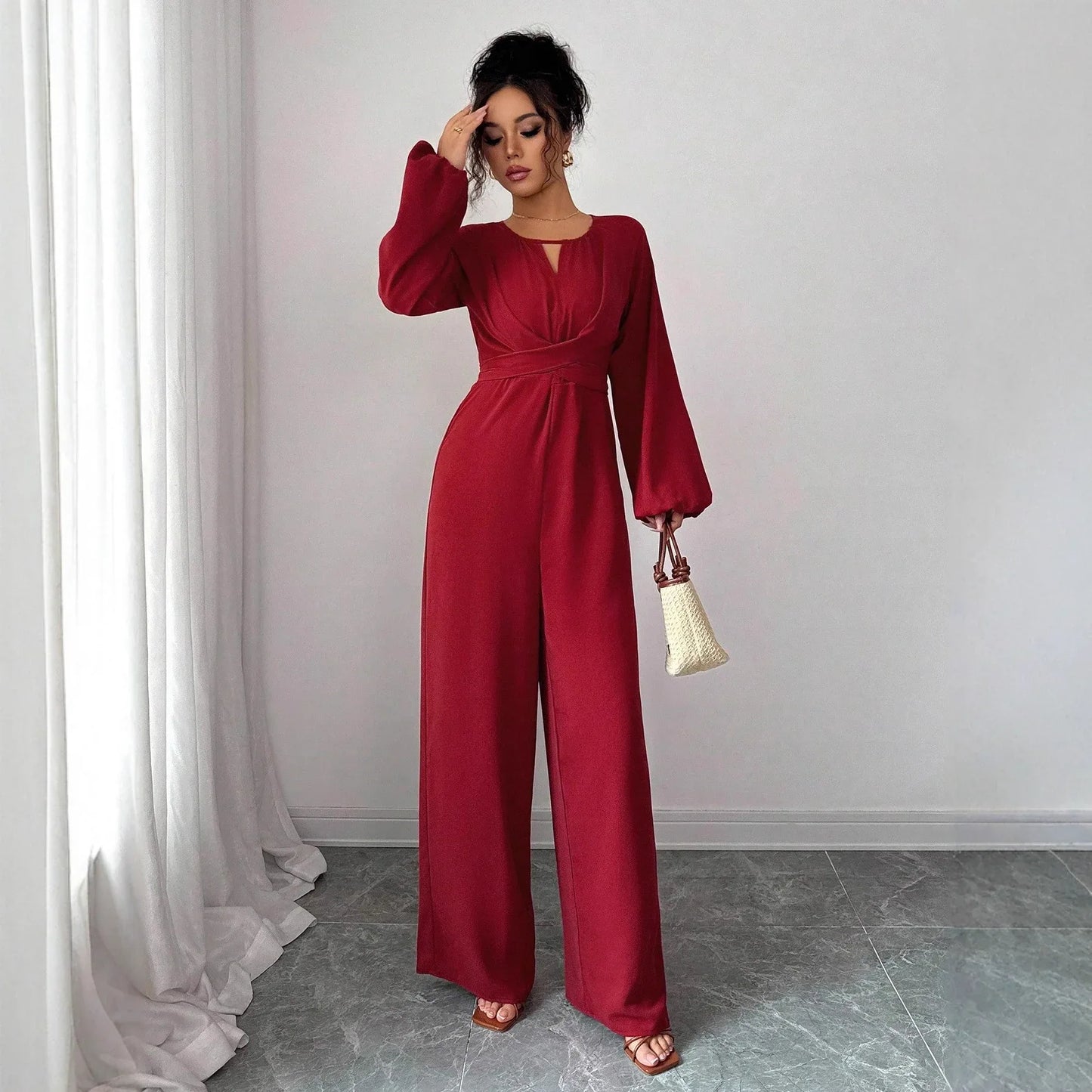 Women's Solid-Colored Jumpsuit With Puffed Sleeves, Square Neck And Wide Legs - Gizmo Galaxy