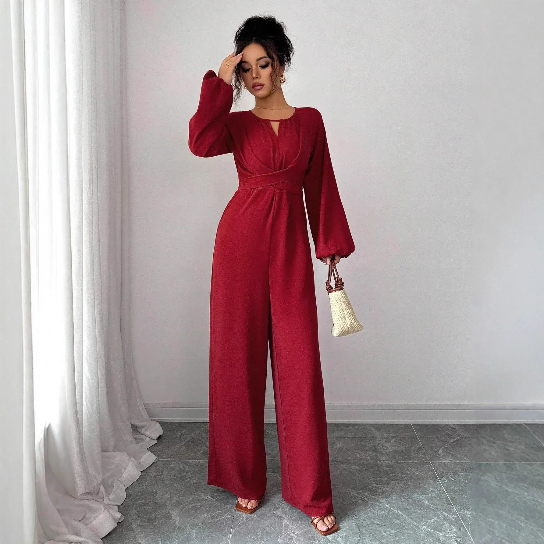 Women's Solid-Colored Jumpsuit With Puffed Sleeves, Square Neck And Wide Legs - Gizmo Galaxy