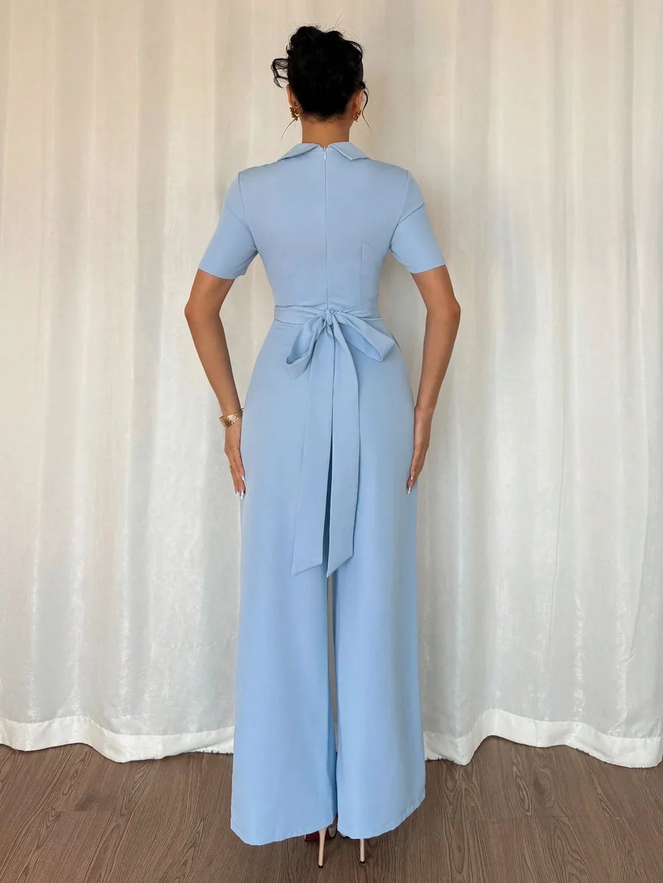 Women's Blue Off-shoulder Belted Slim-fit Jumpsuit - Gizmo Galaxy