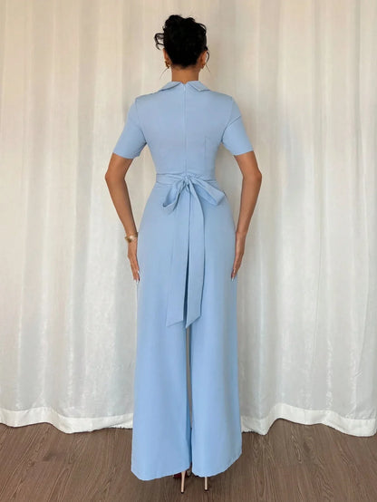 Women's Blue Off-shoulder Belted Slim-fit Jumpsuit - Gizmo Galaxy