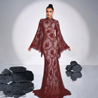 Long Sleeve Round Neck Sexy Lace Banquet Dress - Gizmo Galaxy