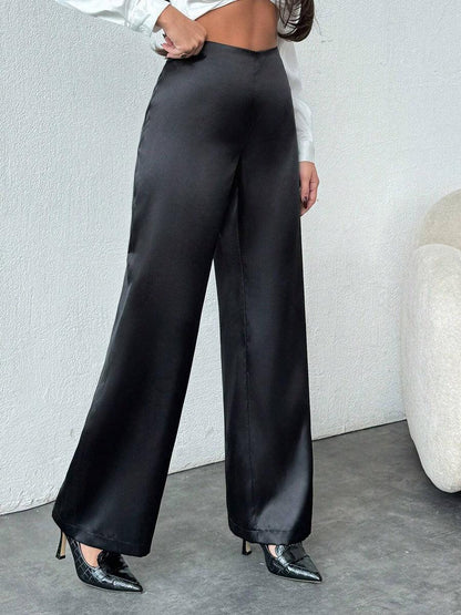 Women's Solid-Colored Casual Loose Satin Wide-Leg Pants - Gizmo Galaxy