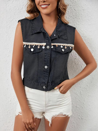 Fashion Casual Tassel Single Breasted Denim Short Vest - Gizmo Galaxy