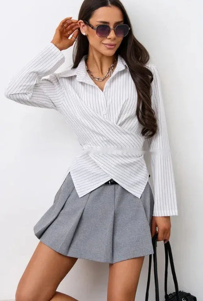 Women's Designer-style Shirt With A Turn-down Collar Slanted Front Placket And A Fitted Waist - Gizmo Galaxy