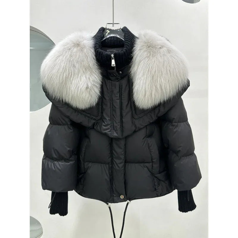 High-end Fox Fur Collar White Duck Down Short Down Jacket Female Light Luxury Loose And Warm Puffer Jacket Coat - Gizmo Galaxy