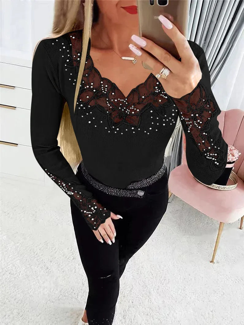 Solid Color Neckline And Cuff Stitching Lace Hot - Gizmo Galaxy