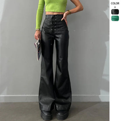 Women's Leather High Waist Stretch Metal Hole Lace-up Pants - Gizmo Galaxy