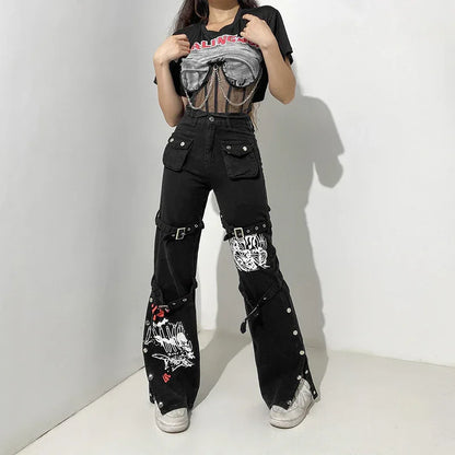 Street Cool Style Printed Metal Buckle Women's Denim Pants - Gizmo Galaxy
