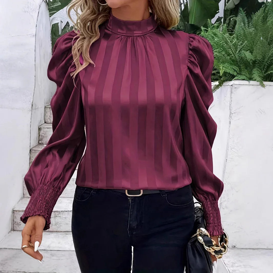 Solid Color Stand-up Collar Long Sleeve Shirt Women - Gizmo Galaxy