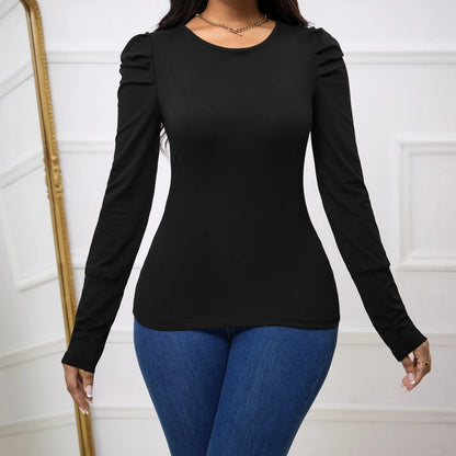 Women's Solid Color Round Neck Bubble Sleeves Slim Fit And Slimming Basic Simple And Versatile Long Sleeved T-shirt - Gizmo Galaxy