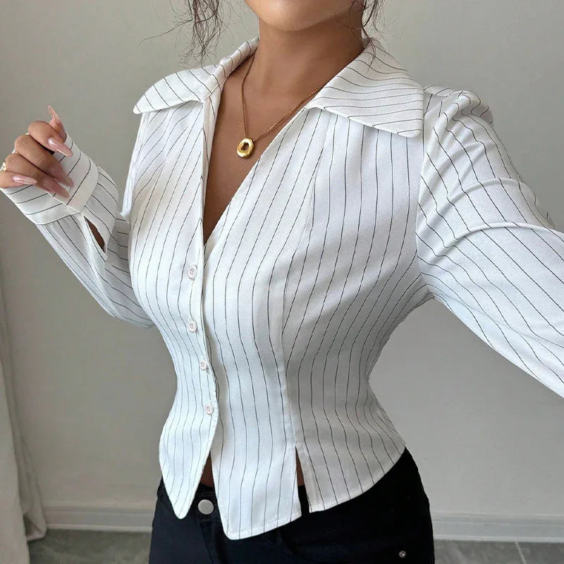 Autumn New Temperament Stripe Long Sleeve Shirt Women's Clothing - Gizmo Galaxy