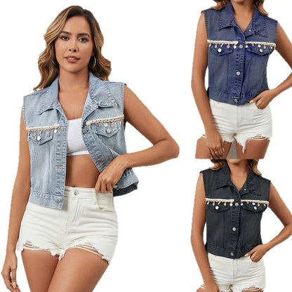 Fashion Casual Tassel Single Breasted Denim Short Vest - Gizmo Galaxy