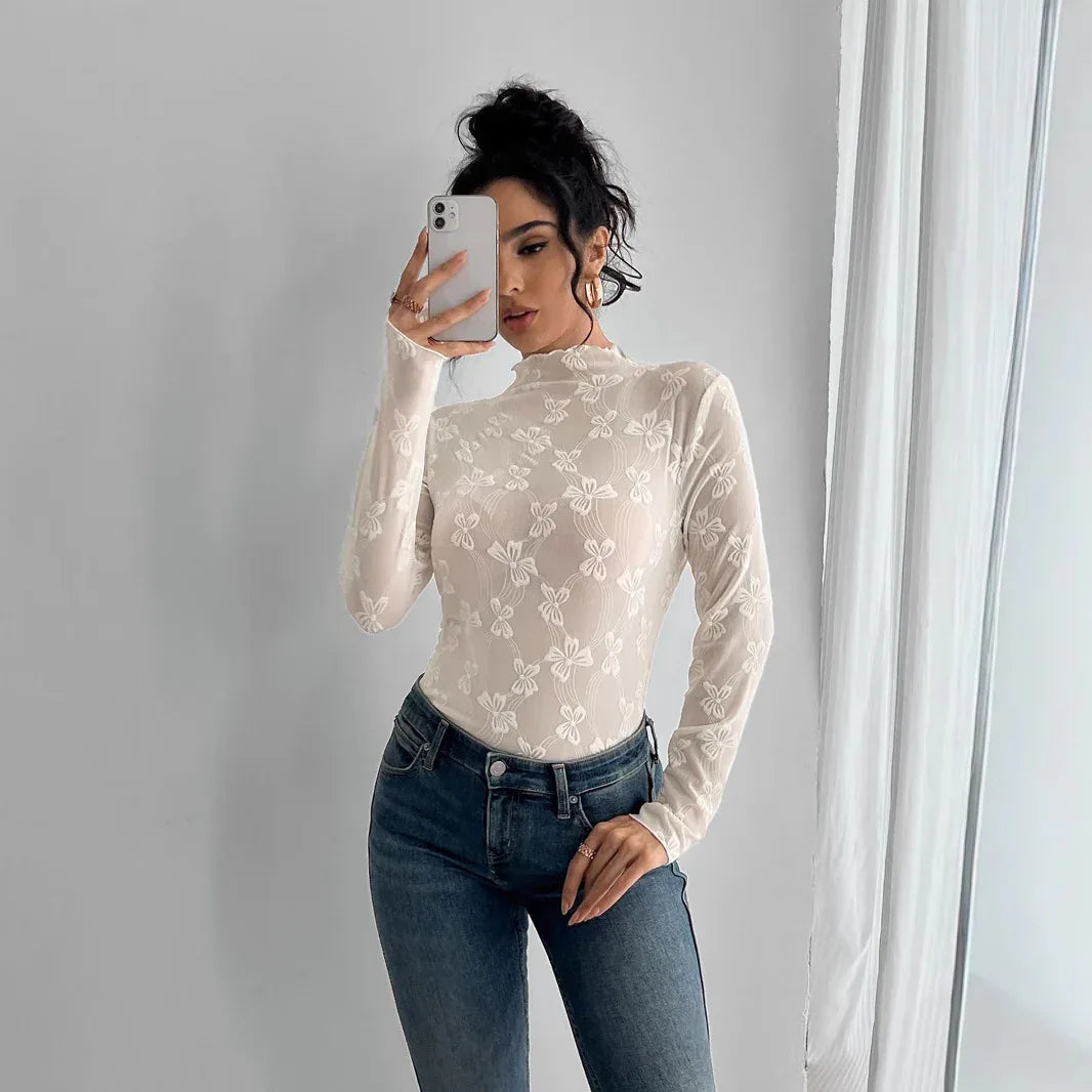 Butterfly Jacquard Mesh Slim Fit Stand-up Collar Long-sleeved - Gizmo Galaxy