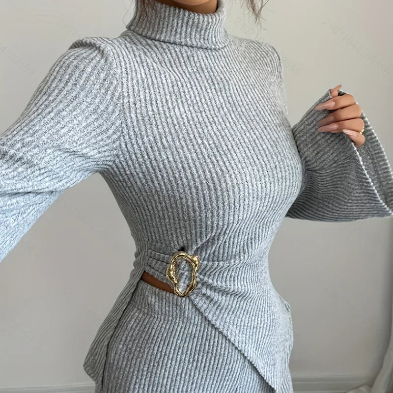Womens 2 Piece Outfits Turtleneck Matching Lounge Set Flare Sleeve Asymmetrical Top & Wide Leg Pants - Gizmo Galaxy