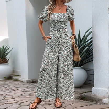 Square Collar Puff Sleeve Vacation Style Floral Jumpsuit - Gizmo Galaxy