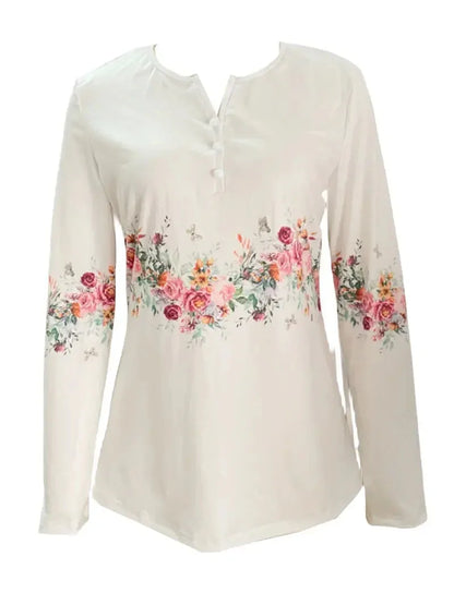 Spring And Autumn New Style White Buttoned Rose Print Long Sleeve T-shirt Casual Top - Gizmo Galaxy