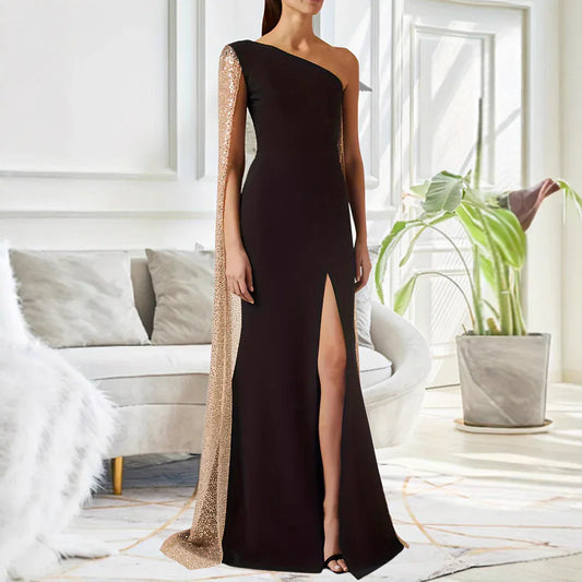 One-shoulder Cloak Slit Black Dress - Gizmo Galaxy
