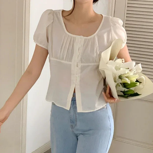 French Gentle Beige Apricot Small Shirt Top Women - Gizmo Galaxy