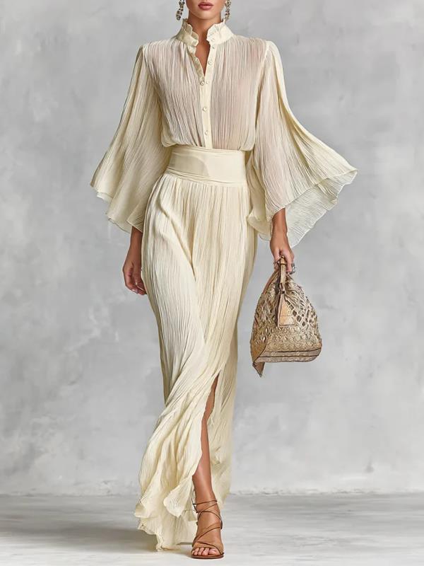 Pleated Wide-sleeve Shirt And Maxi Skirt Two-piece Women's Set - Gizmo Galaxy